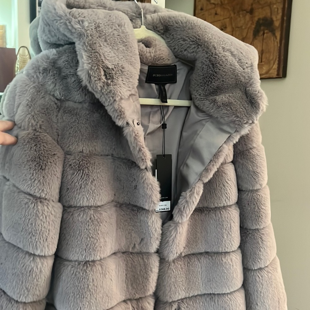 Beautiful Brand New Faux Mink BCBG jacket with Hoodie. Mauve Grey tones,So soft!